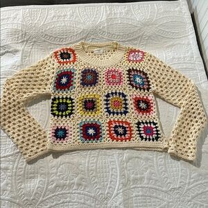 LUNA IVY Crochet Square Patchwork Sweater in Cream and Multicolor